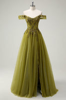 Load image into Gallery viewer, A Line Army Green Off The Shoulder Long Prom Dress with Slit