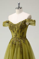Load image into Gallery viewer, A Line Army Green Off The Shoulder Long Prom Dress with Slit