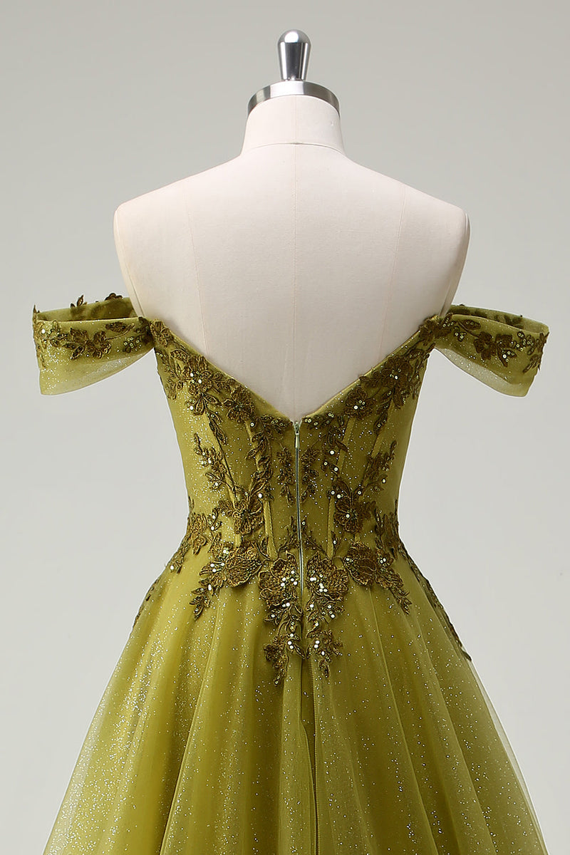 Load image into Gallery viewer, A Line Army Green Off The Shoulder Long Prom Dress with Slit