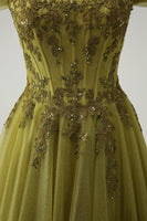 Load image into Gallery viewer, A Line Army Green Off The Shoulder Long Prom Dress with Slit
