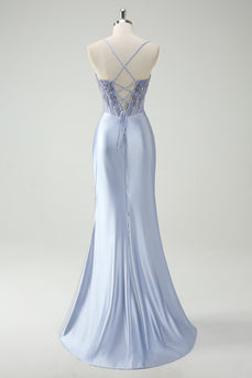 Light Blue Mermaid Ruched Long Prom Dress with Appliques