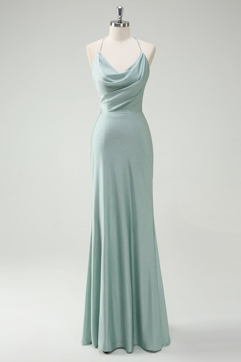 Load image into Gallery viewer, Sage Mermaid Spaghetti Straps Ruched Long Prom Dress