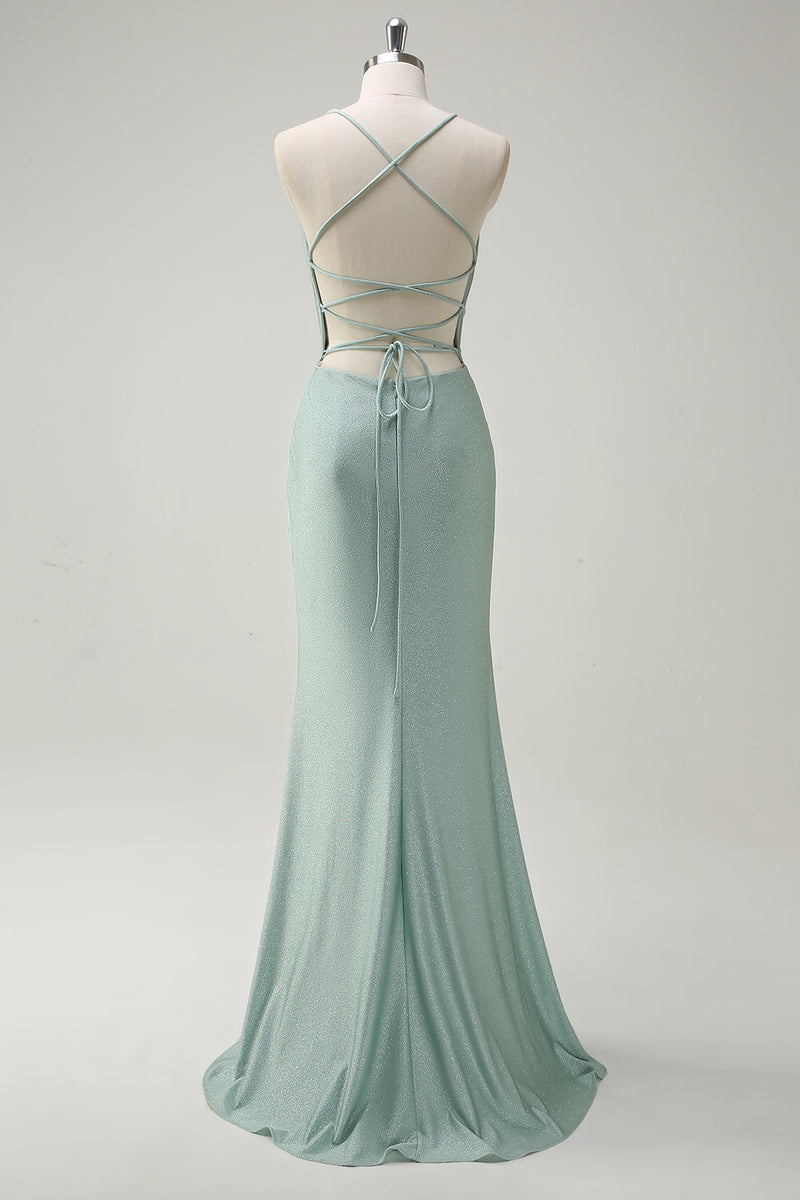 Load image into Gallery viewer, Sage Mermaid Spaghetti Straps Ruched Long Prom Dress