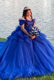 Sparkly Royal Blue Off The Shoulder Tiered Tulle Quinceanera Dress