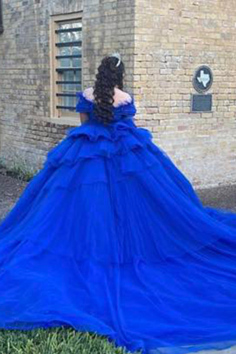 Load image into Gallery viewer, Sparkly Royal Blue Off The Shoulder Tiered Tulle Quinceanera Dress