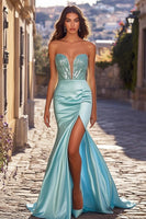 Load image into Gallery viewer, Sheath Blue Sweetheart Beaded Prom Dress with Slit Prom Dress