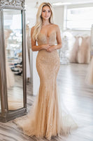 Load image into Gallery viewer, Sequin Sheath Gold Sweetheart Embroidery Prom Dress