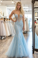 Load image into Gallery viewer, Mermaid Sky Blue Sweetheart Tulle Appliqued Prom Dress