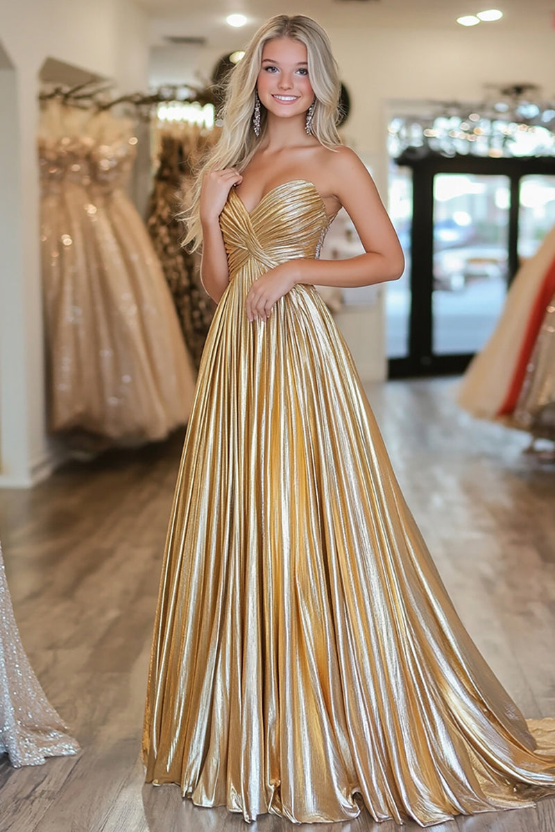 Load image into Gallery viewer, Metallic Satin Gold A Line Pleated Prom Dress