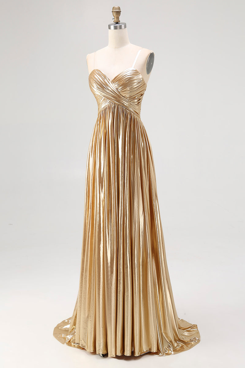 Load image into Gallery viewer, Metallic Strapless Gold A Line Pleated Prom Dress