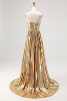 Load image into Gallery viewer, Metallic Satin Gold A Line Pleated Prom Dress