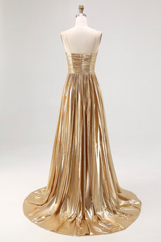 Metallic Strapless Gold A Line Pleated Prom Dress