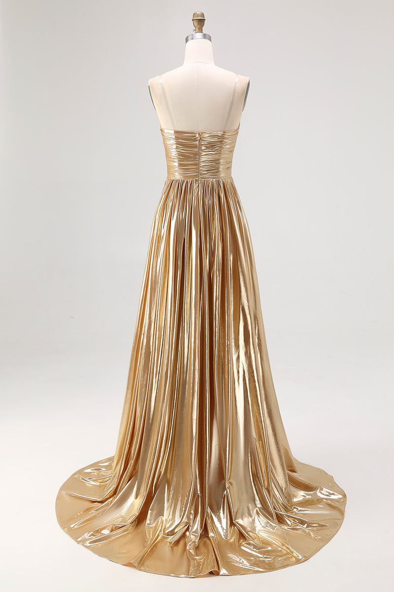 Load image into Gallery viewer, Metallic Satin Gold A Line Pleated Prom Dress