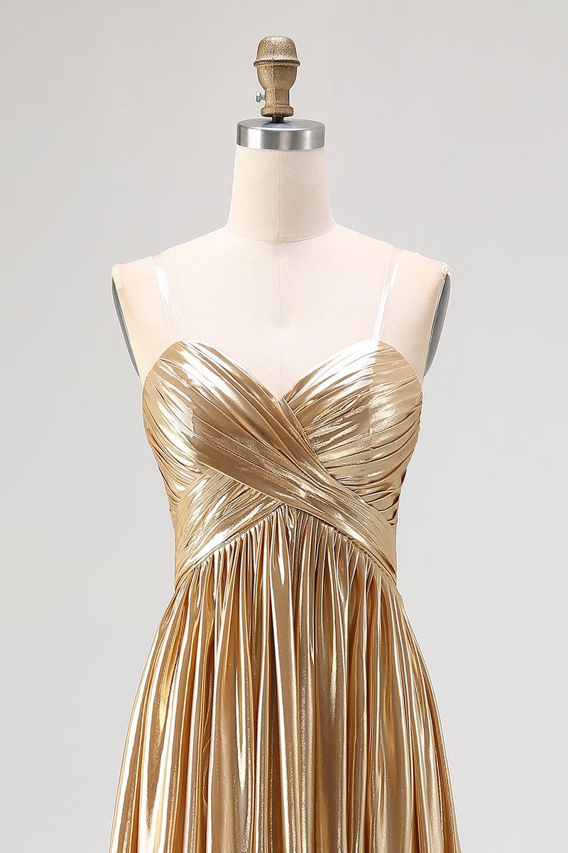 Load image into Gallery viewer, Metallic Strapless Gold A Line Pleated Prom Dress
