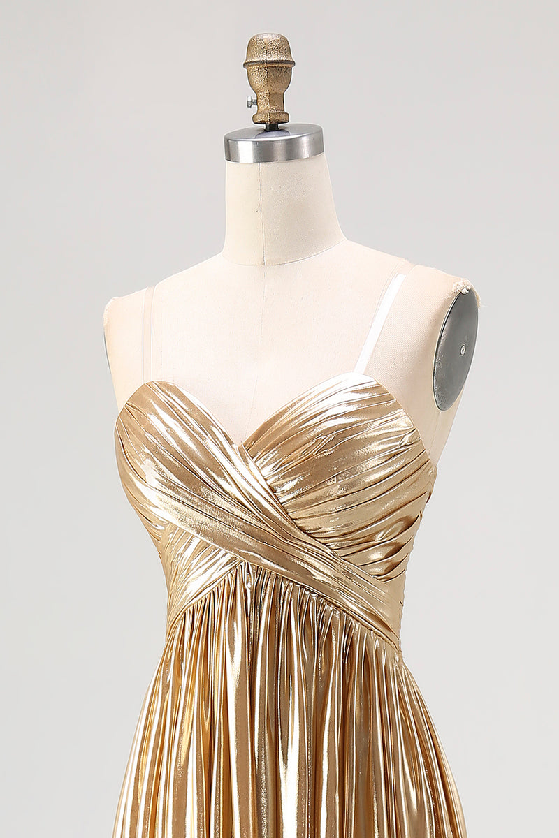 Load image into Gallery viewer, Metallic Strapless Gold A Line Pleated Prom Dress