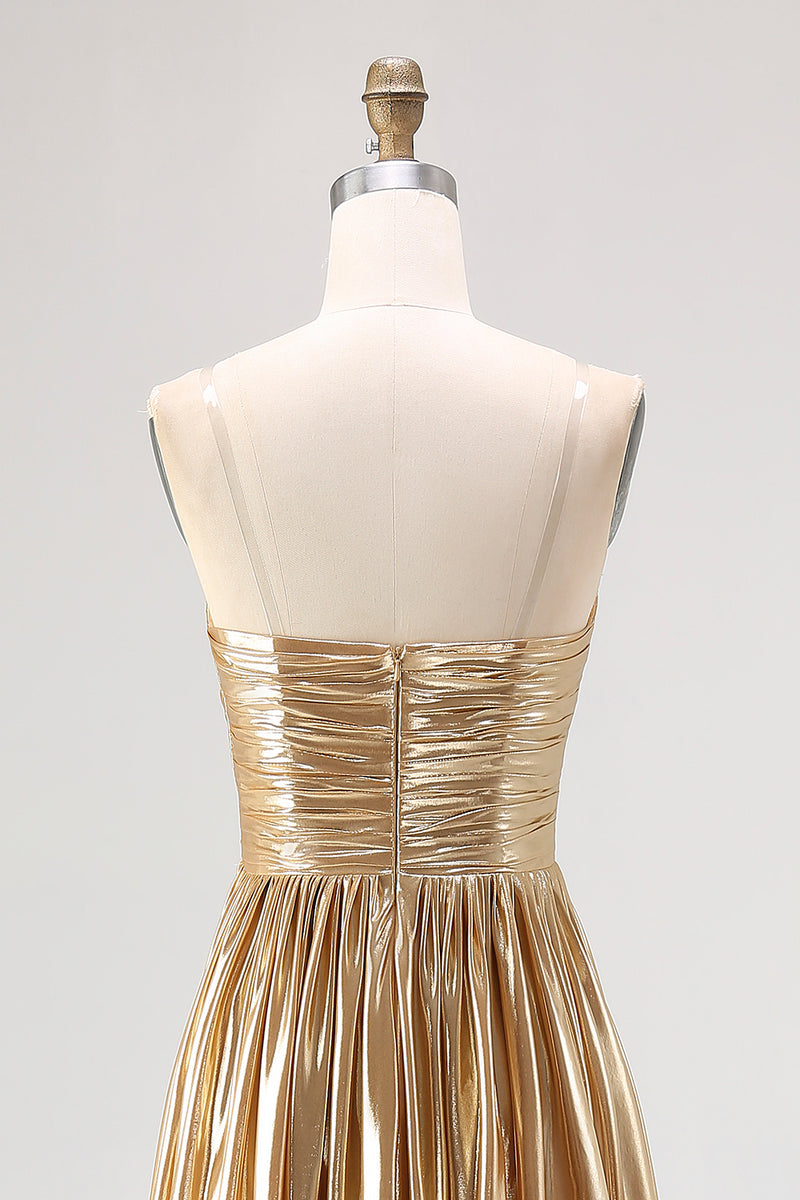 Load image into Gallery viewer, Metallic Strapless Gold A Line Pleated Prom Dress