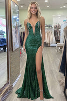 Load image into Gallery viewer, Sequin Mermaid Dark Green Beaded Sleeveless Prom Dress