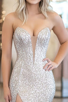 Load image into Gallery viewer, Silver Sheath Sleeveless Beaded Sweetheart Prom Dress with Slit