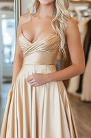 Load image into Gallery viewer, Gold A Line Sequin Sleeveless Ruched Satin Long Prom Dress