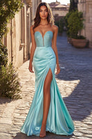 Load image into Gallery viewer, Sheath Blue Sleeveless Beaded Long Prom Dress with Slit