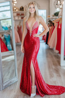 Load image into Gallery viewer, Mermaid Red Deep V Neck Beaded Sequin Long Prom Dress