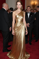 Load image into Gallery viewer, Gold Sheath Off The Shoulder Sleeveless Ruched Long Gala Red Carpet Dress