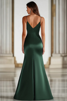 Load image into Gallery viewer, Dark Green Spaghetti Straps Mermaid Satin Long Military Ball Dress