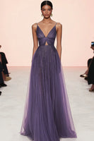Load image into Gallery viewer, Grey Purple A Line Pleated V Neck Tulle Gala Dress