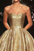 Load image into Gallery viewer, A Line Metallic Satin Gold Strapless Red Carpet Dress