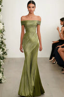 Load image into Gallery viewer, Metallic Satin Green Off The Shoulder Sheath Prom Dress