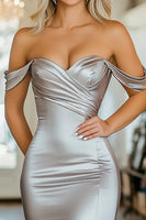 Load image into Gallery viewer, Off the Shoulder Sheath Sleeveless Silver Long Prom Dress