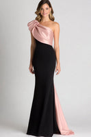 Load image into Gallery viewer, Elegant Black&Blush Ruched One Shoulder Sheath Satin Gala Dress