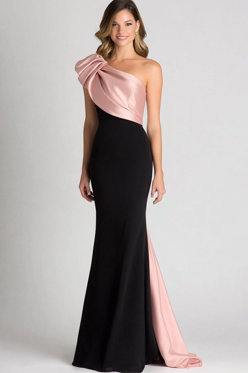 Load image into Gallery viewer, Elegant Black&Blush Ruched One Shoulder Sheath Satin Gala Dress