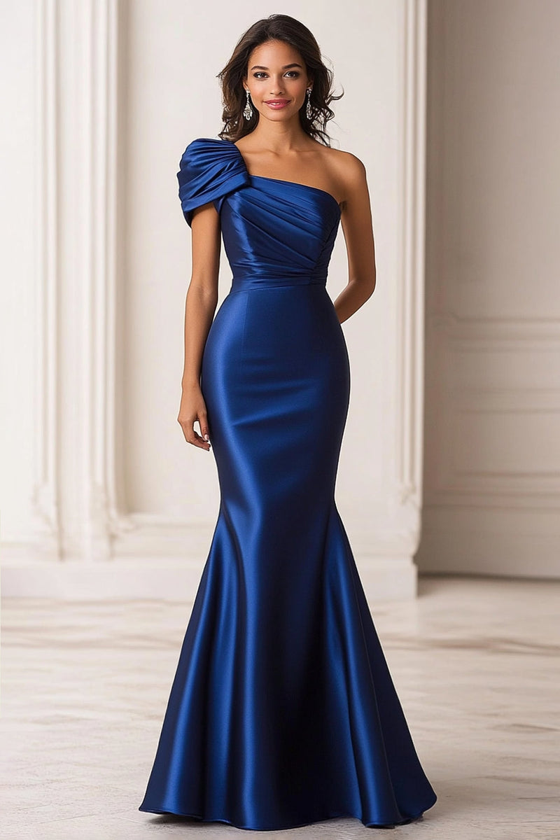 Load image into Gallery viewer, Dark Blue Mermaid Satin One Shoulder Military Ball Dress