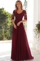 Load image into Gallery viewer, Elegant Burgundy  A Line V Neck Chiffon Long Mother Of the Bride Dress with Lace Appliques