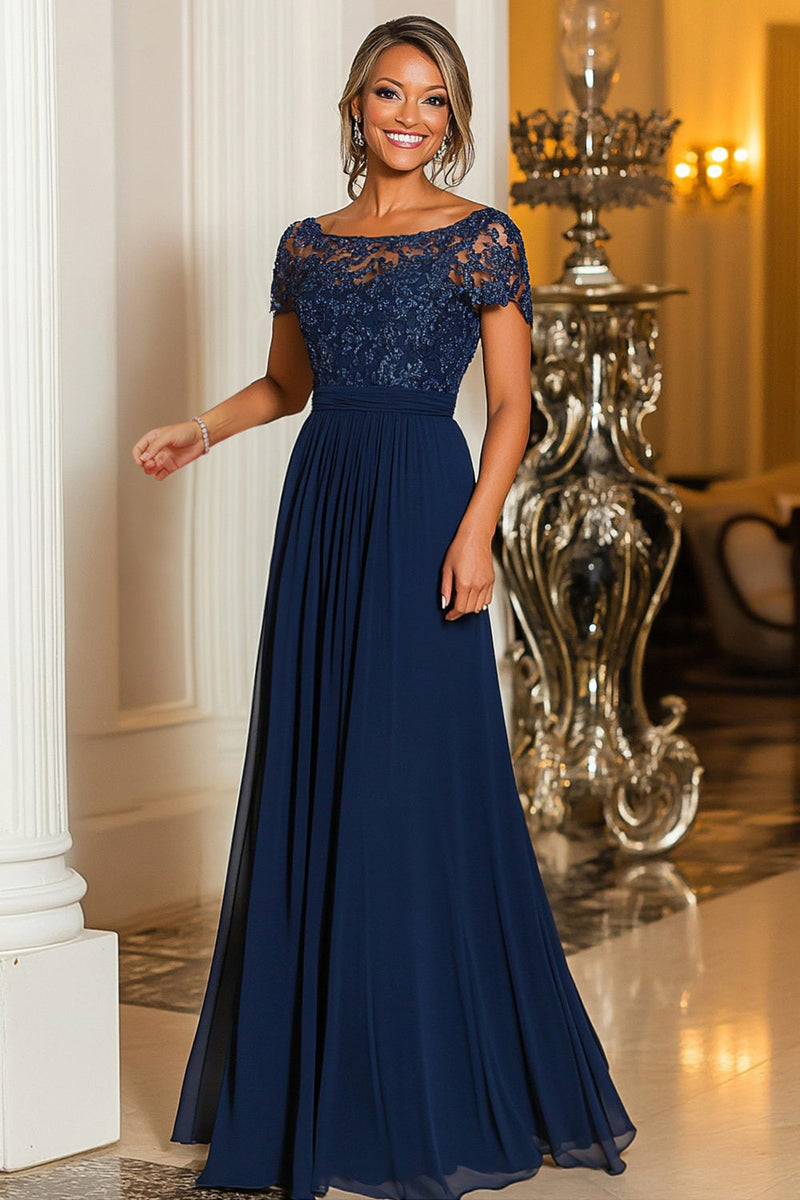 Load image into Gallery viewer, Navy A-Line Appliqued Chiffon Long Mother Of the Bride Dress with Short Sleeves