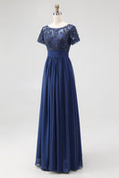 Load image into Gallery viewer, Navy A-Line Appliqued Chiffon Beaded Long Mother Of the Bride Dress