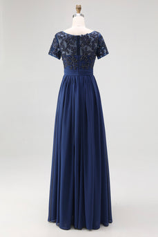 Navy A-Line Appliqued Chiffon Beaded Long Mother Of the Bride Dress