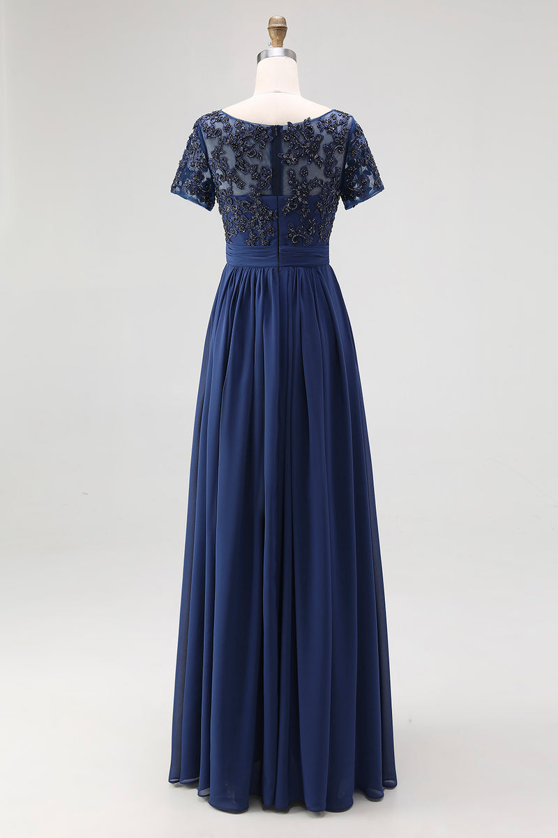Load image into Gallery viewer, Navy A-Line Appliqued Chiffon Beaded Long Mother Of the Bride Dress