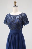 Load image into Gallery viewer, Navy A-Line Appliqued Chiffon Beaded Long Mother Of the Bride Dress