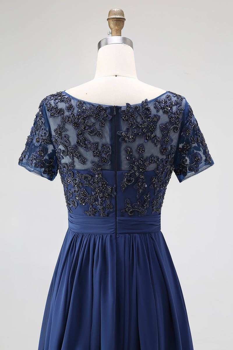 Load image into Gallery viewer, Navy A-Line Appliqued Chiffon Beaded Long Mother Of the Bride Dress