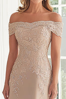 Load image into Gallery viewer, Elegant Taupe Off the Shoulder Chiffon Sheath Long Mother of the Bride with Lace Appliques