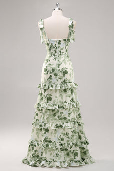 Green Flower A Line Square Neck Ruffled Long Bridesmaid Dress