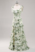 Load image into Gallery viewer, Green Flower A Line Square Neck Ruffled Long Bridesmaid Dress