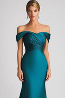 Load image into Gallery viewer, Mermaid Off The Shoulder Peacock Blue Satin Ruched Long Formal Dress