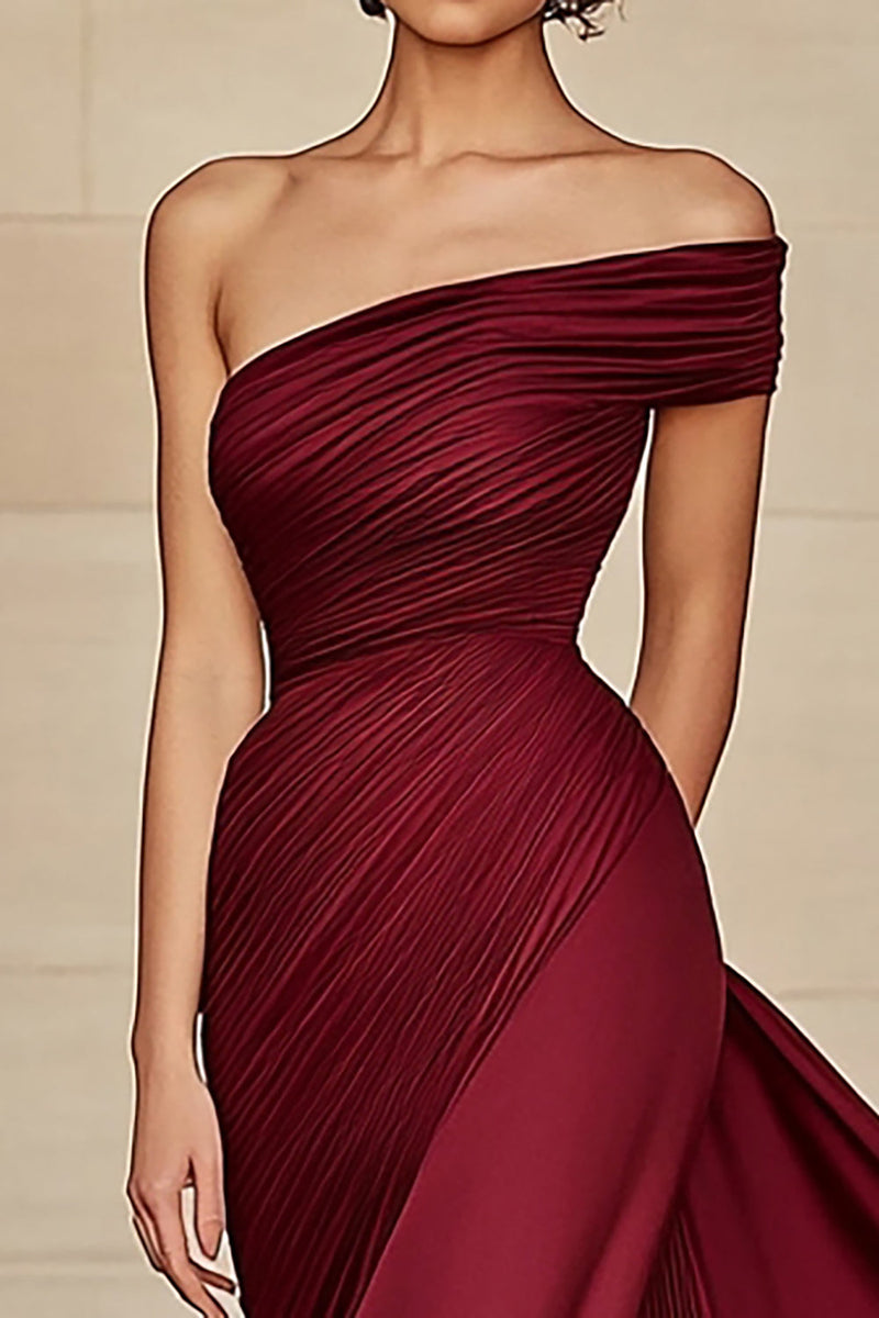 One Shoulder Pleated Sheath Long Prom Dress Burgundy Evening Dress Y7864