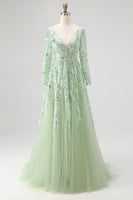 Load image into Gallery viewer, Dusty Sage Sequin Appliqued Tulle V Neck Prom Dress