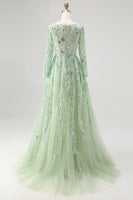 Load image into Gallery viewer, Dusty Sage Sequin Appliqued Tulle V Neck Prom Dress