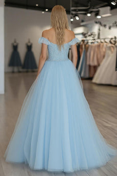 Lace Tulle A Line Sky Blue Off the Shoulder Prom Dress
