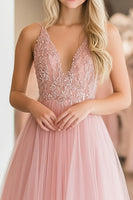 Load image into Gallery viewer, A Line Lace Appliques Tulle Pink Deep V Neck Prom Dress